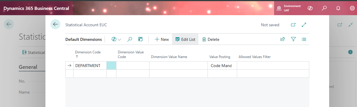 Default Dimensions setup for a Statistical Account in Dynamics 365 Business Central with Department dimension assigned